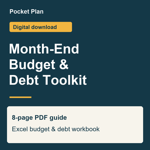 Month-End Budget & Debt Toolkit digital cover: Excel planning tools and an 8-page PDF guide for South African households.