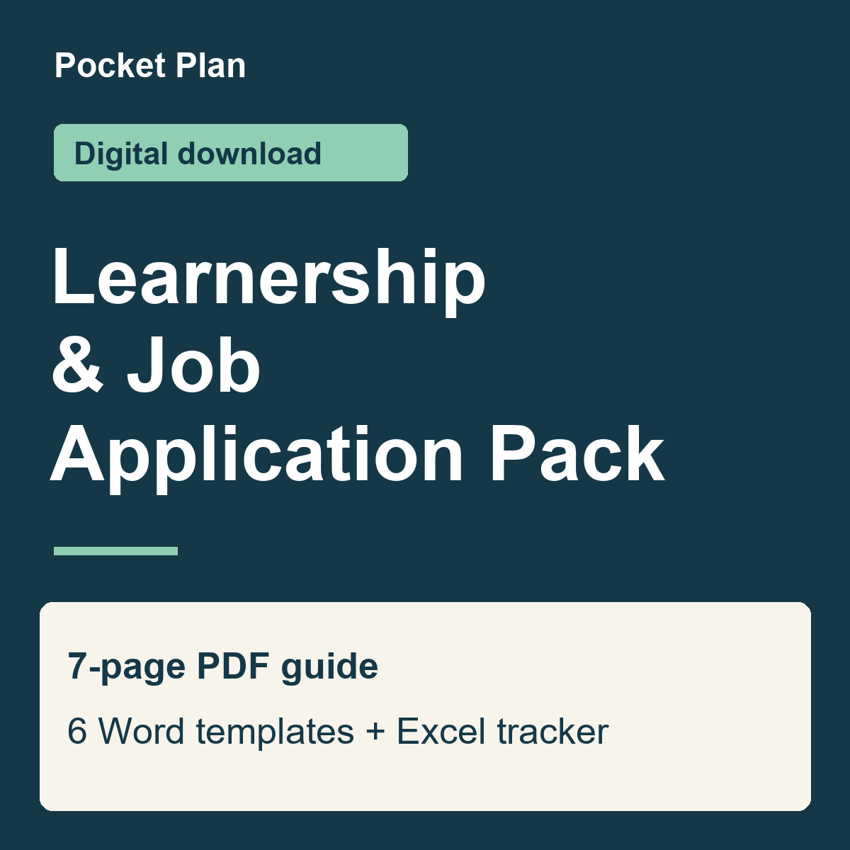 Learnership & Job Application Pack digital cover: a 7-page PDF guide, six editable Word templates and an Excel tracker with documents checklist.