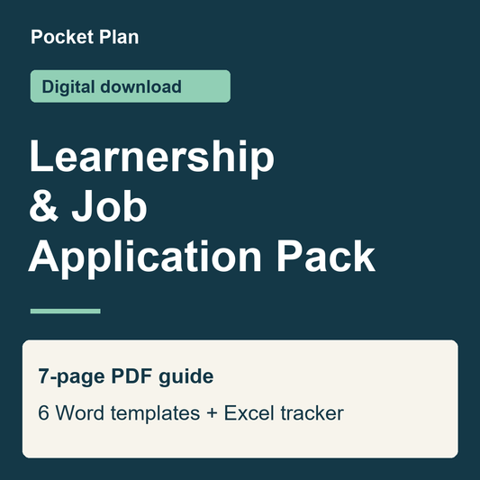 Learnership & Job Application Pack digital cover: a 7-page PDF guide, six editable Word templates and an Excel tracker with documents checklist.